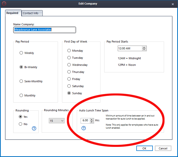 Auto Lunch is set up on the 'Companies' tab.