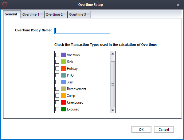 Overtime Policy setup screen