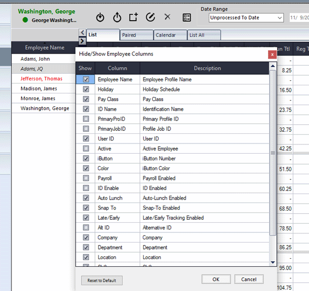 Right-clicking on the 'Employee Name' header and selecting 'Hide/Show Employee Columns' displays a list of columns that can hidden or displayed.