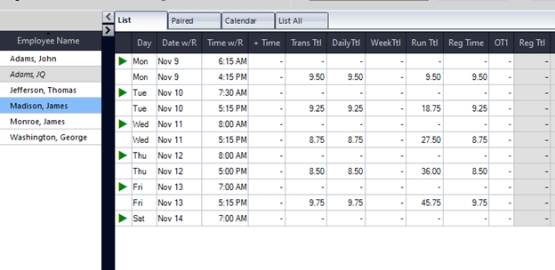 Clicking the name of an employee and then the List tab will give you just their transactions.