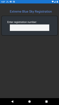 The registration code is entered on this screen in the XBlue Sky app.