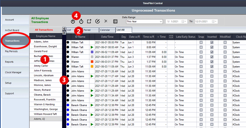 Clicking the Tramnsactions Tab will show you your employees' clock-in and clock-out data collected by TimePilot clocks.
