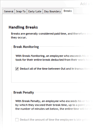 The Break Monitoring and Break Penalty setup screen